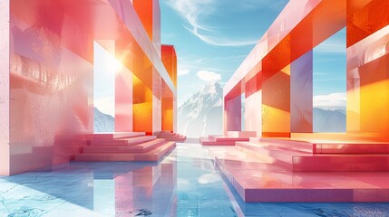Poster - 3D render of a fantastical architectural background, featuring minimal geometric shapes in a surreal and abstract design.