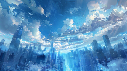 Poster - A city skyline with a blue sky and clouds