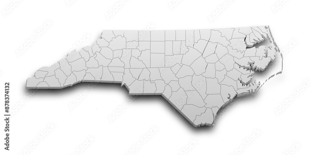 3d Map of North Carolina state with counties and color. United State of ...