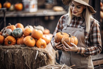 The hands of a woman in a plaid shirt with a pumpkin close-up and a beautiful autumn pattern. Harvesting pumpkins. The concept of a Thanksgiving and Halloween party.