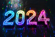 © sornram - Bright and colorful neon lights forming the number 2024, representing the new year with a futuristic and festive theme.