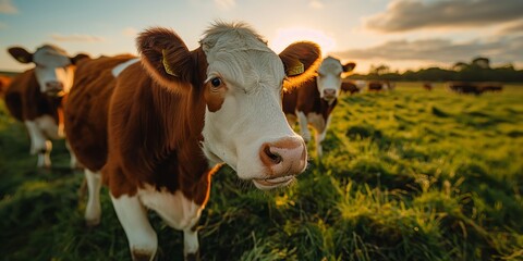 A close up Hereford cattle in rural countryside farm house with green grass