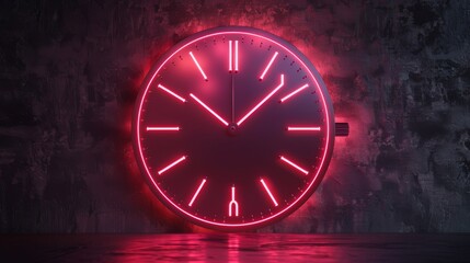 A glowing red clock face with Roman numerals against a dark background. The clock hands point to the time of 1:50.