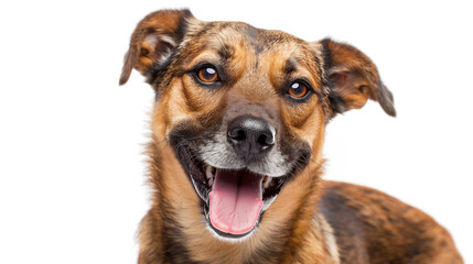 Close-up portrait of a happy mixed-breed dog isolated on a white background 