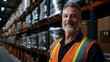 © sornram - Smiling warehouse worker in safety vest standing in front of stocked shelves in a large logistics facility.