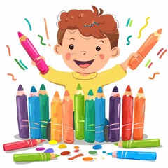 A happy boy surrounded by colorful crayons, holding two crayons in his hands.