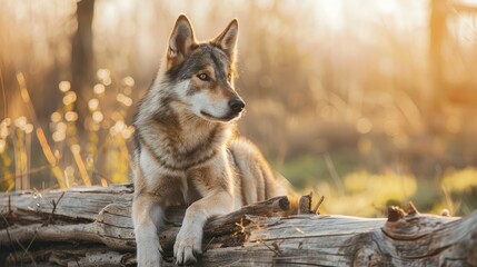 Poster - Adorable wolf dog perched on log in sunny countryside