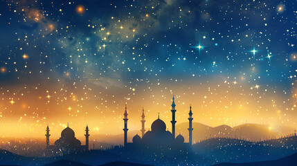 Sticker - Starry night background over mosque silhouettes for the Islamic holiday celebration