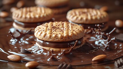 Chocolate ice cream sandwich with a crunchy cookie crust and a scoop of vanilla ice cream in the center.