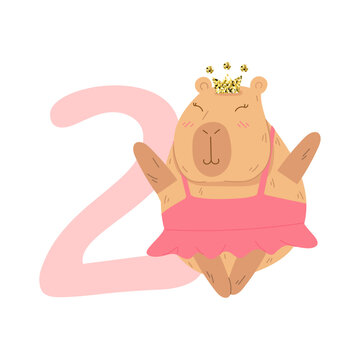 Cute vector capybara ballerina with number two