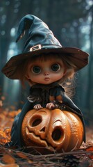 Canvas Print - A doll dressed as a witch sitting on a pumpkin