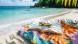 Tropical beach with a brightly colored beach towel, sunglasses, and a novel, capturing a lively summer holiday mood