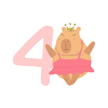 Cute vector capybara ballerina with number four