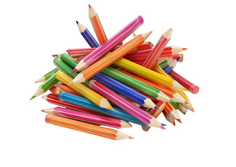 Bunch of colorful pencils arranged in a scattered pattern. Isolated on a transparent background.