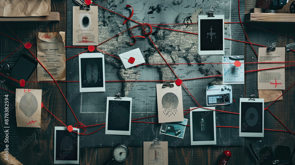 Detective Board with Fingerprints, Photos, Map, and Clues Connected by ...
