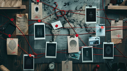 detective board with fingerprints, photos, map, and clues connected by red string: investigative wor