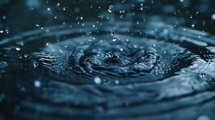 Poster - A close-up of water droplets creating ripples as they splash into a dark surface, capturing the movement and tranquility of nature.