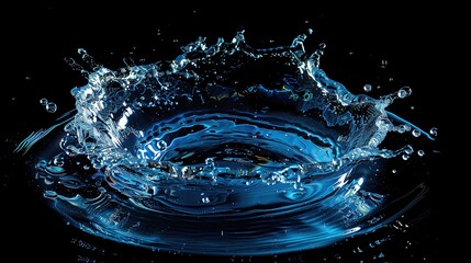 Poster - A mesmerizing close-up of a water splash captured in motion against a black background, showcasing the beauty and energy of water dynamics.