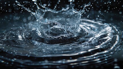 Poster - A mesmerizing close-up shot of a water drop splash creating ripples in a serene dark pool, capturing the essence of fluid motion and tranquility.