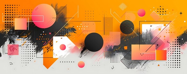 A flat vector background with color scheme, featuring bold geometric shapes and lines for an abstract design. The graphic includes various elements such as circles, squares.