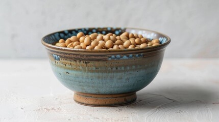 Canvas Print - Steamed soy beans in a ceramic bowl on a white surface