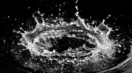 Poster - Black and white close-up of a water drop causing a splash and ripple effect against a dark background, capturing fluid motion and energy.