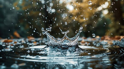 Poster - Captivating macro shot of a water droplet splash creating a crown shape with a blurred natural background, symbolizing serenity and purity.