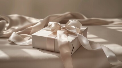 Wall Mural - A luxurious gift box with a satin ribbon, in a beige color palette.