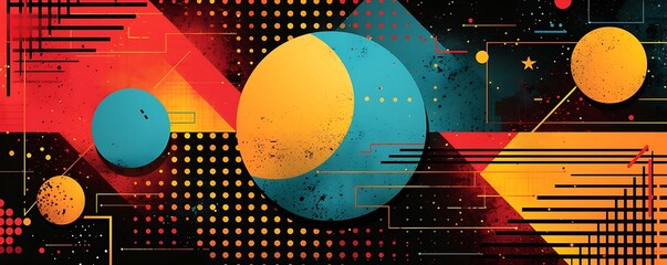 Fototapete - A flat vector background with color scheme, featuring bold geometric shapes and lines for an abstract design. The graphic includes various elements such as circles, squares.