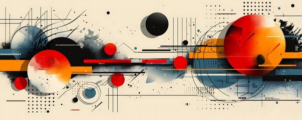 Poster - A flat vector background with color scheme, featuring bold geometric shapes and lines for an abstract design. The graphic includes various elements such as circles, squares.
