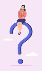 Wall Mural - A woman sits on a question mark holding his head. Vector illustration.