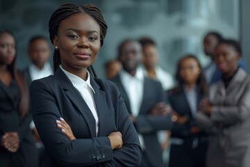 Wall Mural - Portrait of a mature businesswoman in an office, showcasing a professional corporate manager among a diverse team.