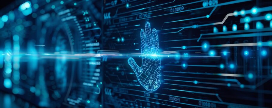 Abstract digital hand reaching out from glowing circuit board.