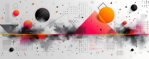 Poster - A flat vector background with color scheme, featuring bold geometric shapes and lines for an abstract design. The graphic includes various elements such as circles, squares.