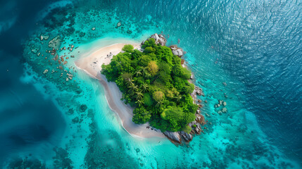 Drone view of a picturesque island with white sandy beaches, turquoise waters, and a coral reef surrounding it, making it a perfect paradise for nature lovers and vacationers