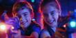 © MNStudio - Two ten year old kids playing laser tag in an indoor space. Children wearing goggles and holding laser guns. Active and fun leisure for big kids and teenagers.