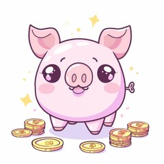 Cute cartoon pink piggy bank with big eyes and a happy expression, surrounded by gold coins.