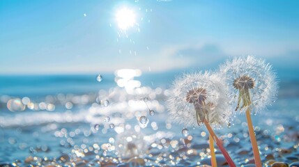 Wall Mural - dew on dandelion seeds on the seashore generative ai