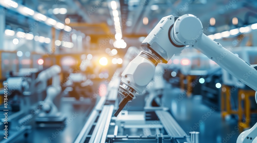 Robotic arms work on an assembly line in a modern factory. The image ...