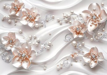 3d wallpaper background with jewelry, pearls and diamonds, floral swirls on light grey backdrop, ele
