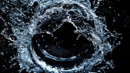 Poster - Close-up of a water splash against a black background, capturing the dynamic motion and intricate details of the liquid in mid-air.