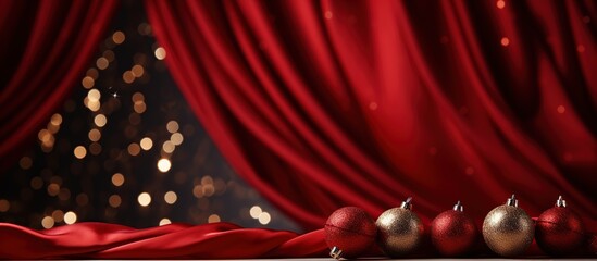 Wall Mural - Festive red curtain background. Festive Ornament Display with Red and Gold