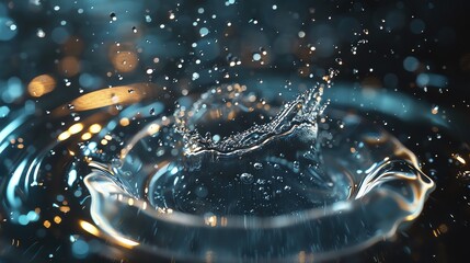 Poster - Close-up of a water splash creating mesmerizing patterns and ripples with droplets in a beautifully lit environment.
