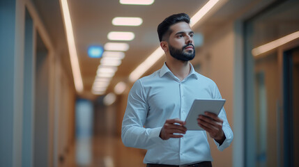 Poster - Man in white shirt holding tablet