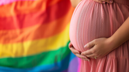 Pregnant person holding belly with rainbow flag in background