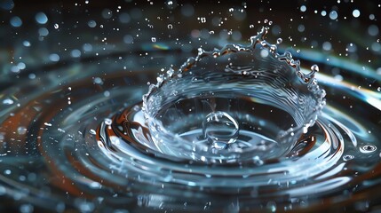 Poster - Close-up of a water splash creating ripples in a pool, capturing the fluid dynamics and intricate detail of the splash and droplets.
