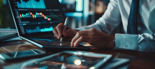 Poster - A businessman uses a tablet to analyze sales data, financial reports, and business growth graph charts. The concept of digital marketing, financial reports, and business, finance, and investment is