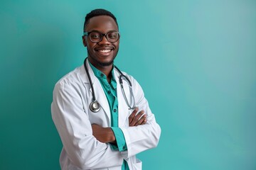 A smiling black man wearing a white lab coat and glasses