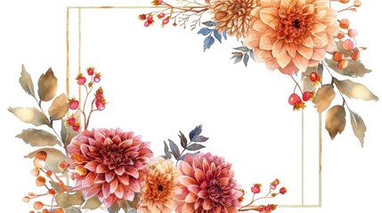 Wall Mural - A decorative rectangular floral frame adorned with orange and pink flowers, green leaves, and small berries, beautifully designed to add elegance to any content hosted within it.