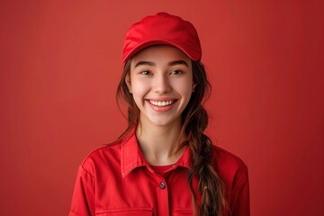 Wall Mural - A female delivery driver wearing a red shirt and a red hat is smiling